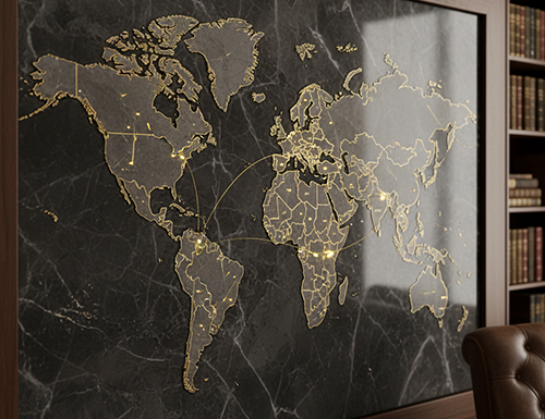 Luxurious, stylized world map with elegant indicators, symbolizing the worldwide scope and high-end travel specialization of Curated Travel by Leslie.