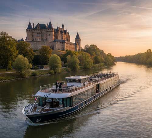 ○Stunning, high-end landscape photo of a luxury European river cruise vessel sailing past a historic landmark, representing European cruise planning.